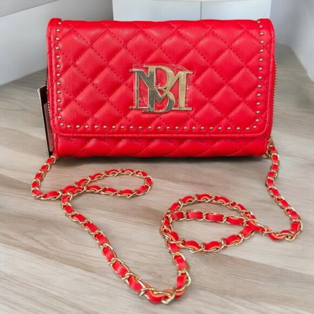 Badgley Mischka Red Quilted‎ Vegan Leather Crossbody Bag Gold Chain BNWT Glam